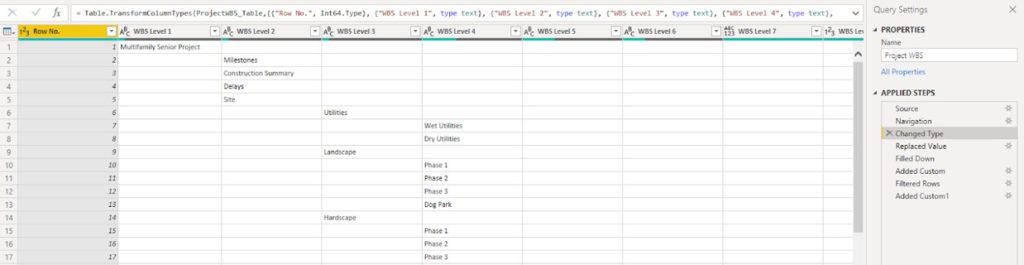 Power Query (Query Editor in Power BI) connected to an Excel file where the WBS activity code table is saved